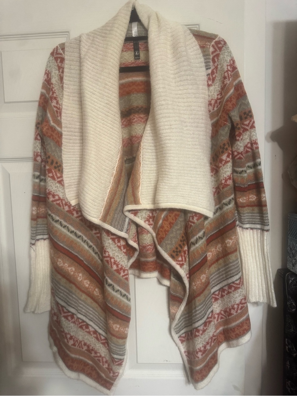 Cream Open-Front Shawl Cardigan with Rust Pattern